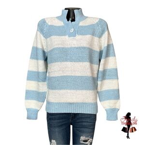 Liz Thomas Vintage Knit Sweater Medium Blue White Chunky Stripes Fall Collared
